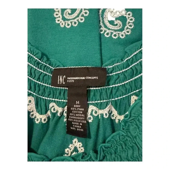 INC international concepts petite‎ medium green blouse with white embroidery - Picture 4 of 6